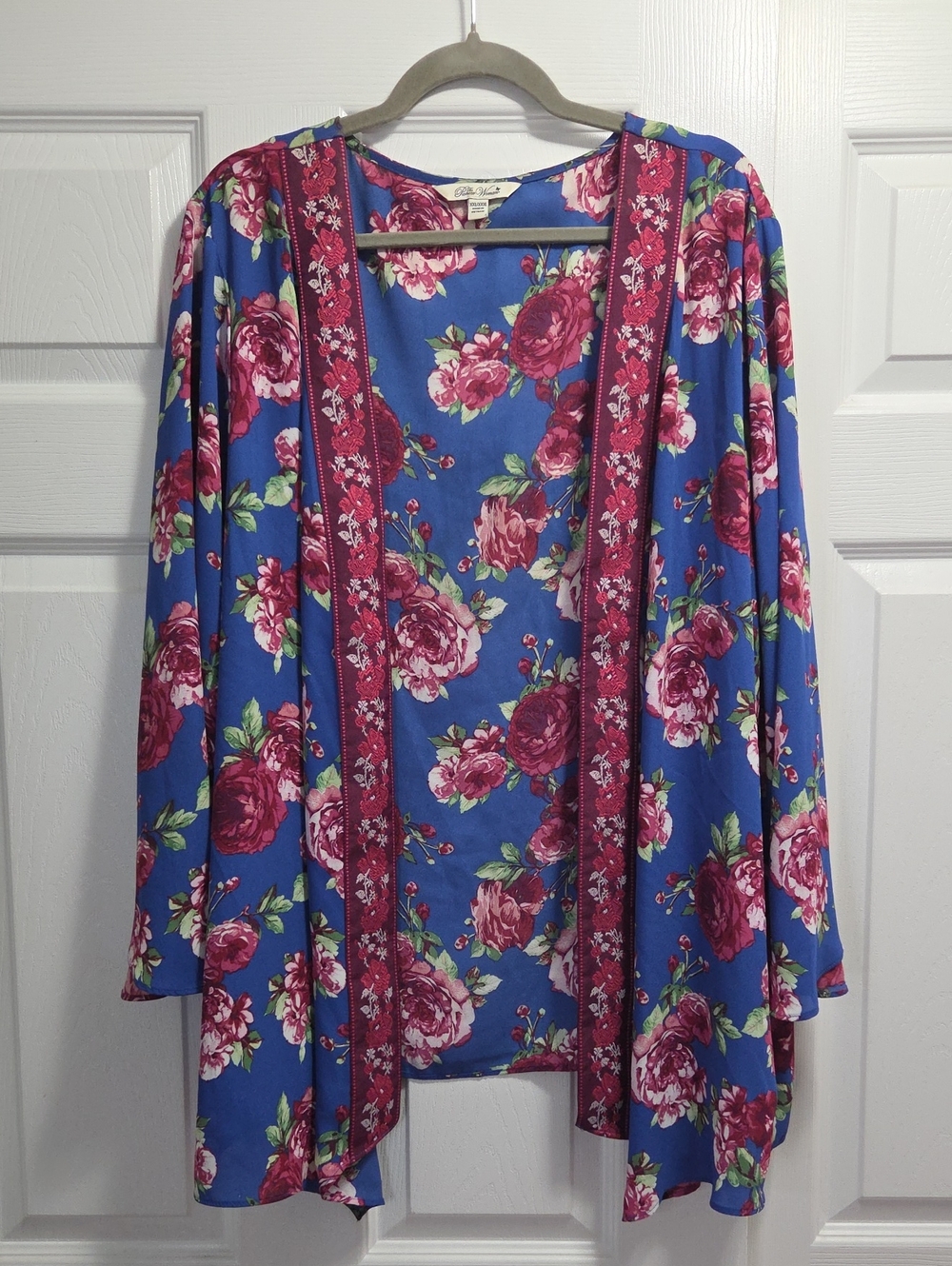 The Pioneer Woman Blue Floral Open Cardigan with Rose-Print Trim